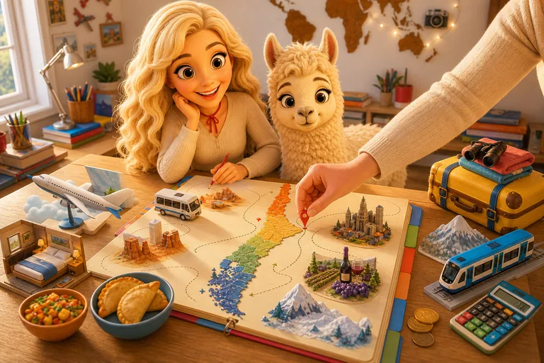 Mesa de planejamento da Rota Chile com mapa, caderno, transporte, hospedagem, gastronomia e neve