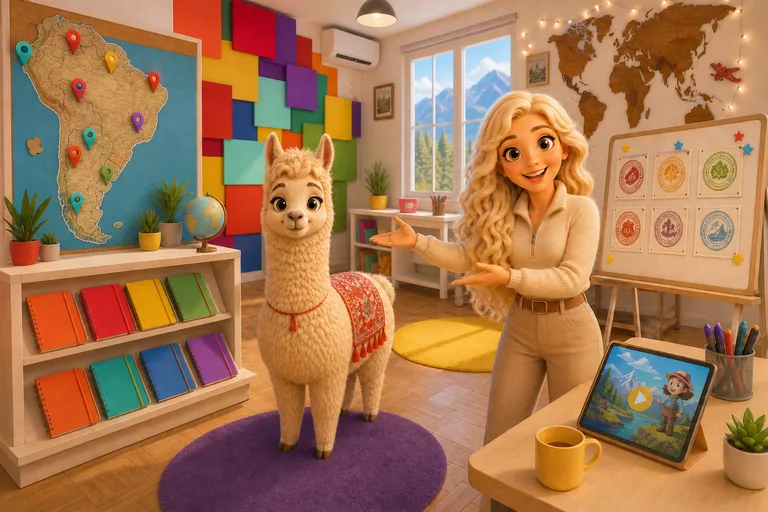 Sala da We Love School com lousa de mapa, estante de materiais, tablet, boletim, Lalas e Lucillama