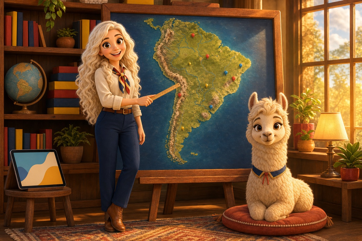 A teacher Lalas em pé ao lado da lousa com o mapa da América do Sul, apontando para os destinos, com a Lucillama sentada ao lado